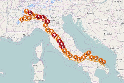 Mappa della Via Francigena attraverso l'Italia, tratta dal sito ufficiale viefrancigene.org